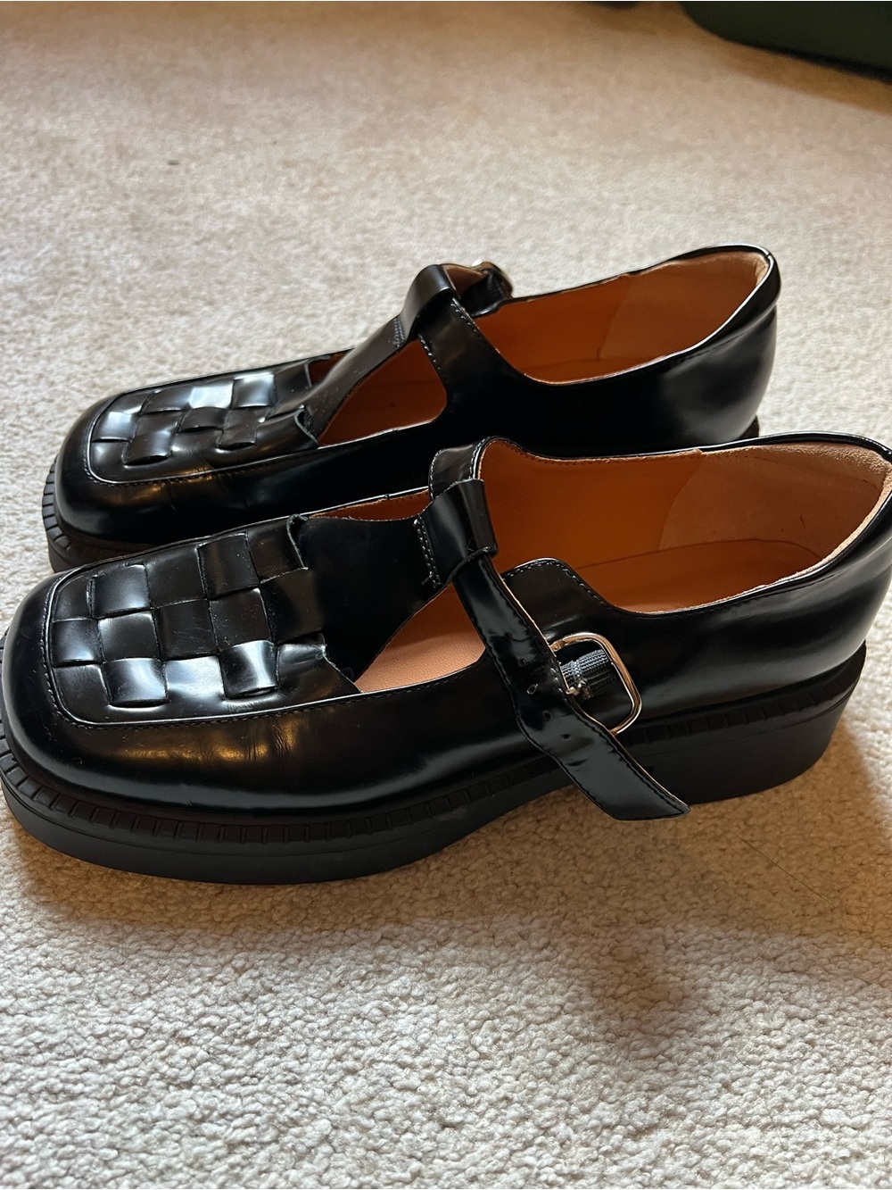 Women’s. Black T-Strap Woven Leather Chunky Shoes - Picture 7 of 15